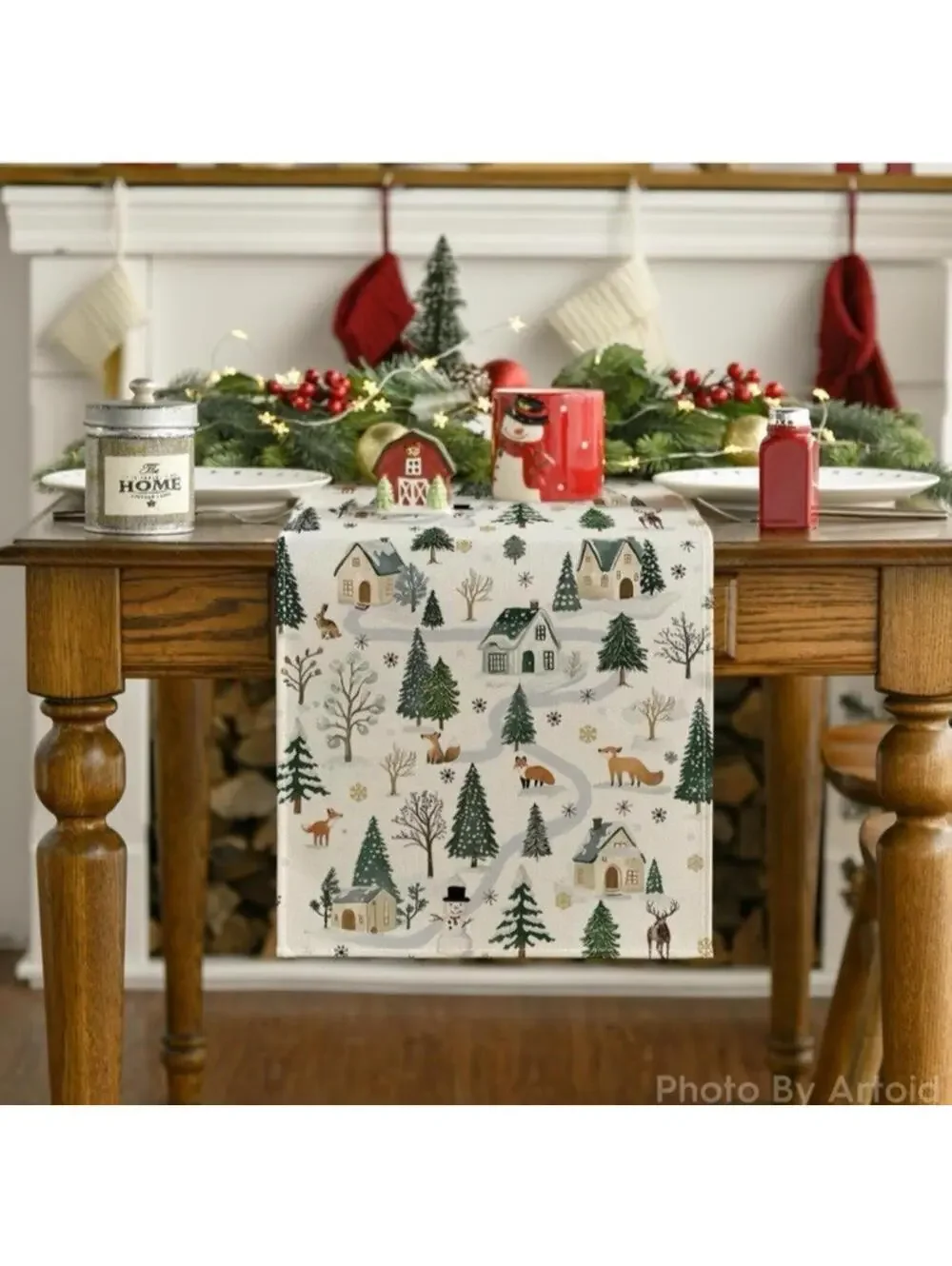 Winter Wonderland Table Runner 13x90 Inch Forest Animals Snowman Holiday Decor
